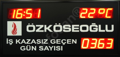 Kazasız iş günü sayacı, saat ve sıcaklık gösterimli Kazasız geçen gün sayısı panosu, kazasız geçen en uzun süre, saat  sıcaklık  gösterim fonksiyonu, kablosuz kumanda ile veya TCP/IP ağ üzerinden yazılımla denetim