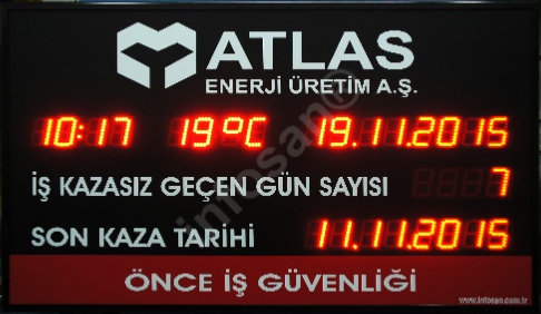 Kazasız geçen gün sayısı panosu, son kaza tarihi gösterimi, saat tarih sıcaklık gösterimi Kazasız geçen gün sayısı panosu, kazasız geçen en uzun süre,  saat  tarih sıcaklık dönüşümlü gösterim fonksiyonu, kablosuz kumanda ile veya TCP/IP ağ üzerinden yazılımla denetim