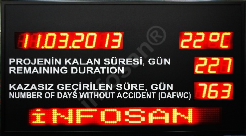 Özel tasarım kazasız geçen gün sayısı panosu,  saat  tarih sıcaklık gösterim fonksiyonu, çok amaçlı alfanümerik mesaj satırı, TCP/IP ağ üzerinden erişim ve programlama Kazasız iş günü sayacı, Kazasız iş günü tabelası, Kazasız geçen gün sayısı panosu, kazasız geçen en uzun süre, kazasız çalışma saati, kablosuz kumanda ile veya TCP/IP ağ üzerinden yazılımla denetim