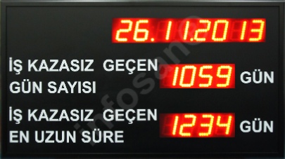 Kazasız geçen gün sayısı panosu, kazasız geçen en uzun süre,  saat  tarih sıcaklık dönüşümlü gösterim fonksiyonu, kablosuz kumanda ile veya TCP/IP ağ üzerinden yazılımla denetim Kazasız geçen gün sayısı panosu, kazasız geçen en uzun süre,  saat  tarih sıcaklık dönüşümlü gösterim fonksiyonu, kablosuz kumanda ile veya TCP/IP ağ üzerinden yazılımla denetim