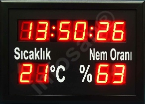 Dijital LED saat sıcaklık nem ölçüm ve gösterim panosu Dijital LED saat sıcaklık nem ölçüm ve gösterim panosu, Dijital LED saat termometre nem panosu, LED Saat termometre nem tabelası, Dijital LED duvar tipi saat derece nem panosu