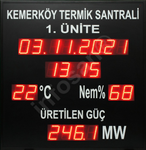 Termik santral elektrik üretim LED andon, 0-10 V analog girişli LED andon, 4-20 mA analog girişli LED andon Termik santral elektrik üretim LED andon, 0-10 V analog girişli LED andon, 4-20 mA analog girişli LED andon, 0-10 girişli LED pano, 4-20 mA girişli LED pano, Kalibre edilebilir analog girişli LED andon , LED andon saat tarih sıcaklık nem