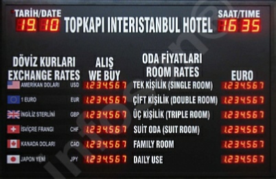 Odel oda fiyat ve döviz kur panosu, saat tarih gösterim, IR uzaktan kumanda, TCP/IP ağ arayüzü Dijital döviz kur panosu, Dijital Döviz Kuru Alış Satış Panosu, Döviz panosu, Döviz Kur Kuyumcu ve Otel Fiyat Panosu, Döviz Altın Kur Panoları, oda fiyat ve döviz kur panoları